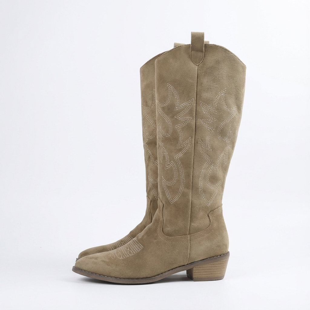Santiag mi-haute marron clair Daim Femme - Broderies western, zip latéral