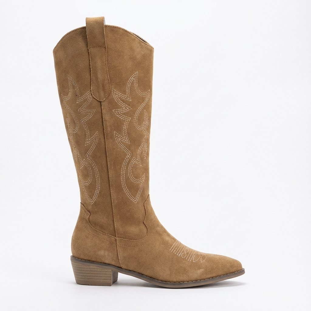 Santiag haute camel Daim Femme - Broderies florales