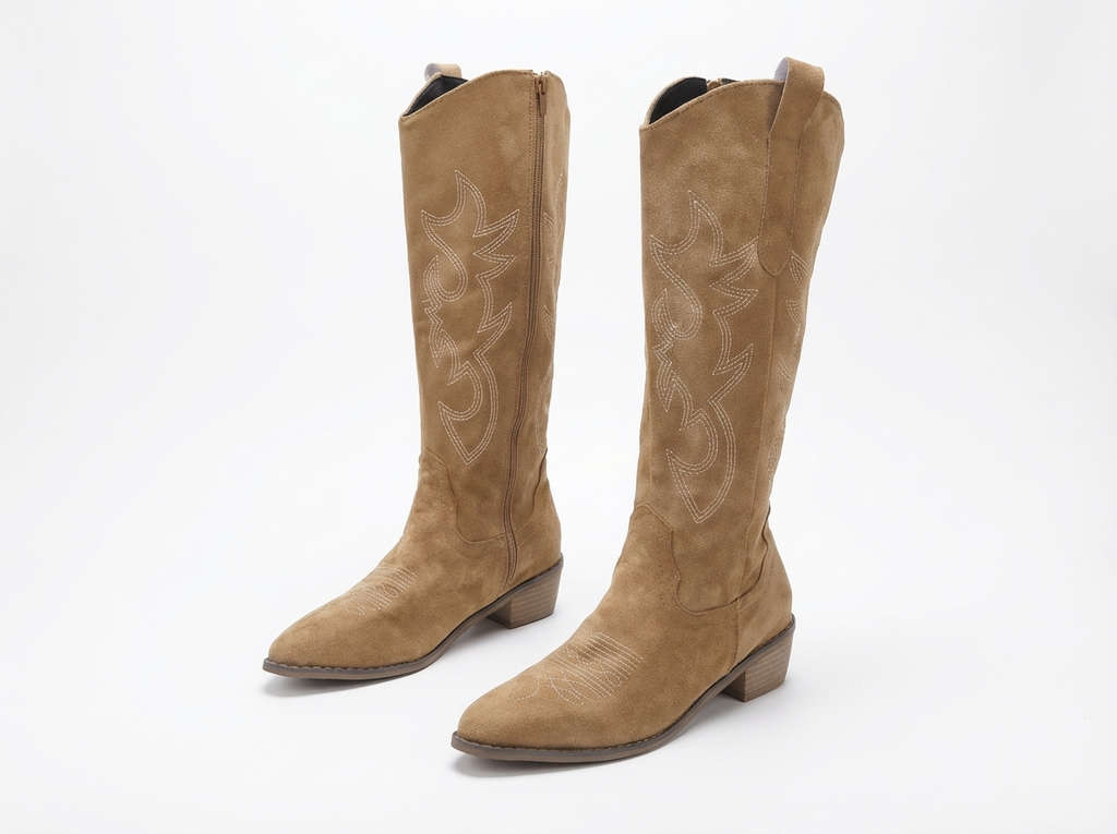 Santiag haute camel Daim Femme - Broderies florales