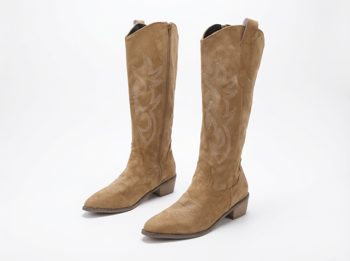 Santiag haute camel Daim Femme - Broderies florales
