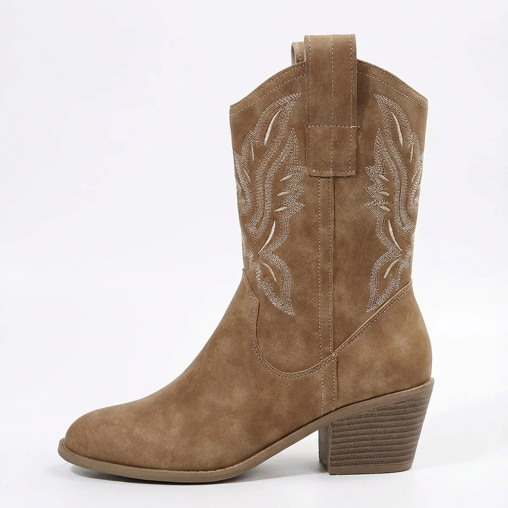 Santiag mi-haute marron clair Simili Cuir Femme - Broderies florales, languettes