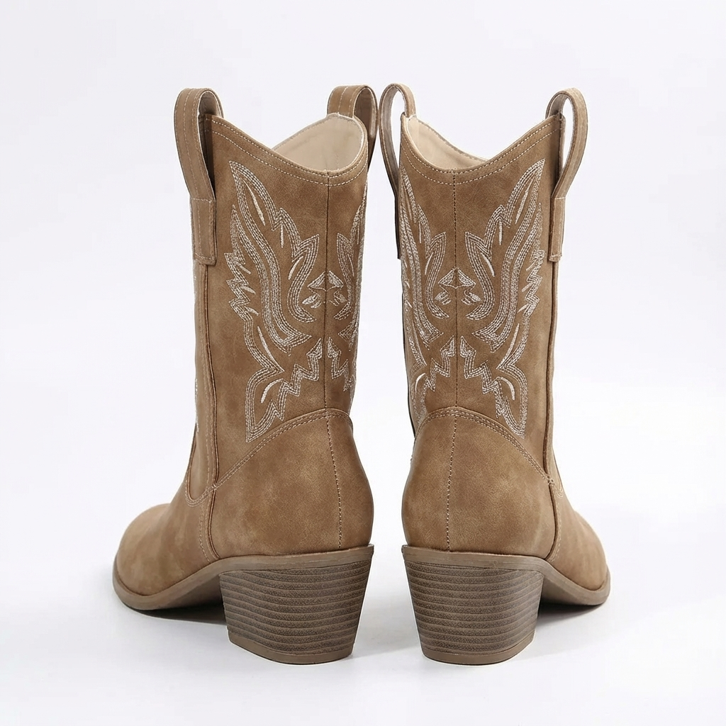 Santiag mi-haute marron clair Simili Cuir Femme - Broderies florales, languettes