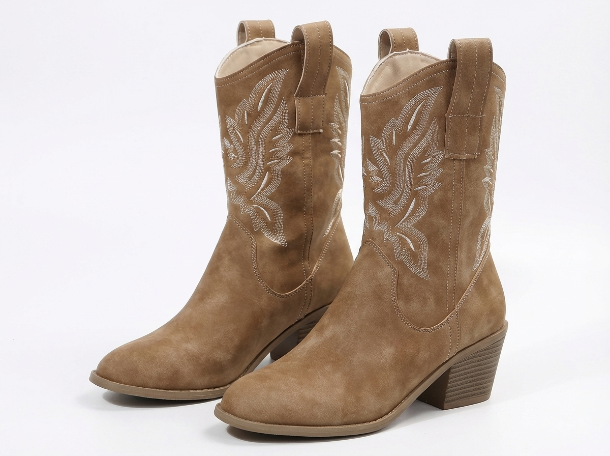 Santiag mi-haute marron clair Simili Cuir Femme - Broderies florales, languettes