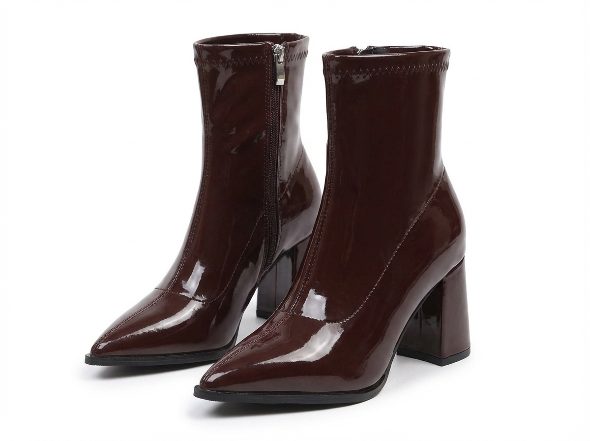Bottine à talon marron Synthétique Femme - Verni, style cowboy