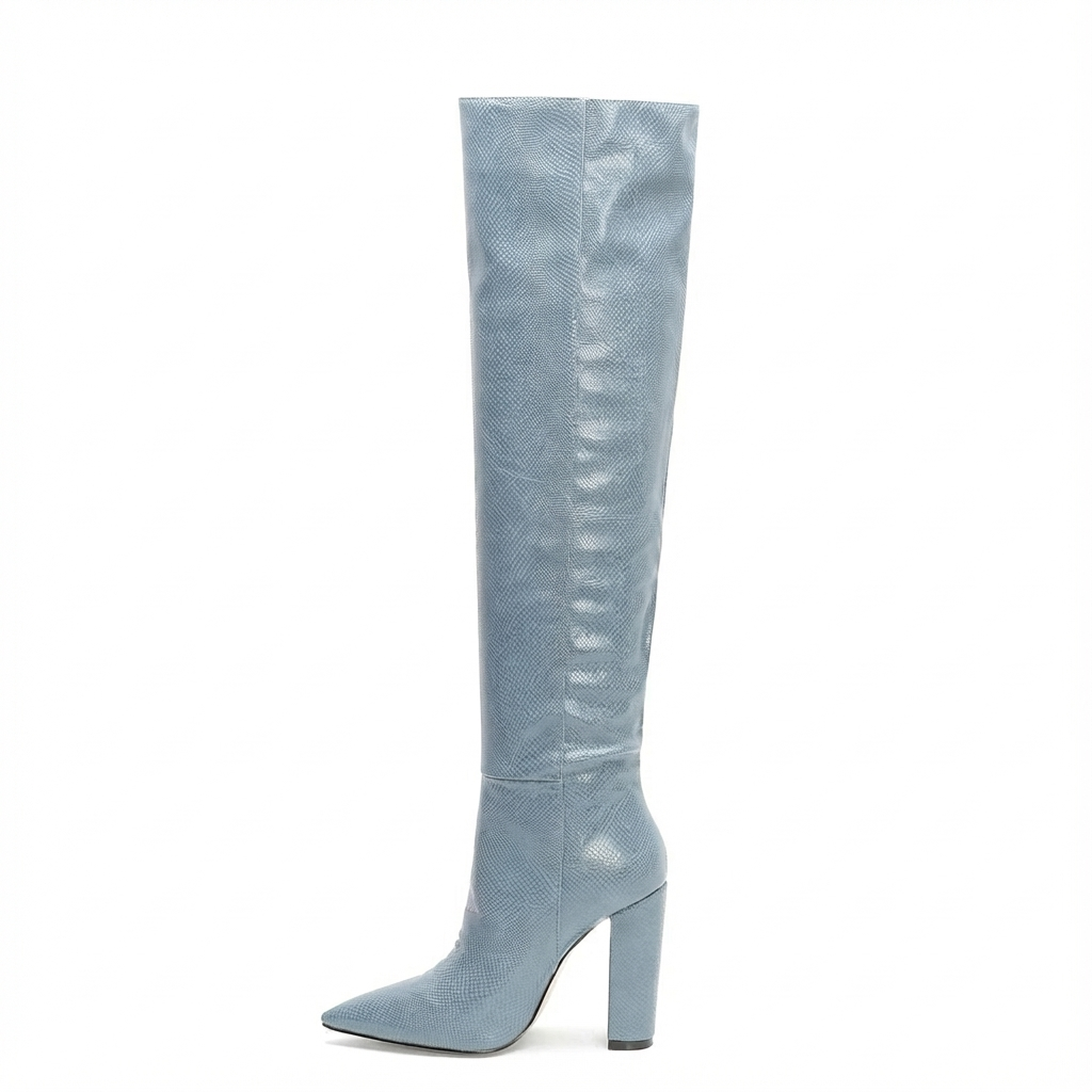 Botte haute bleu Daim Synthétique Femme - Motif python, bout pointu