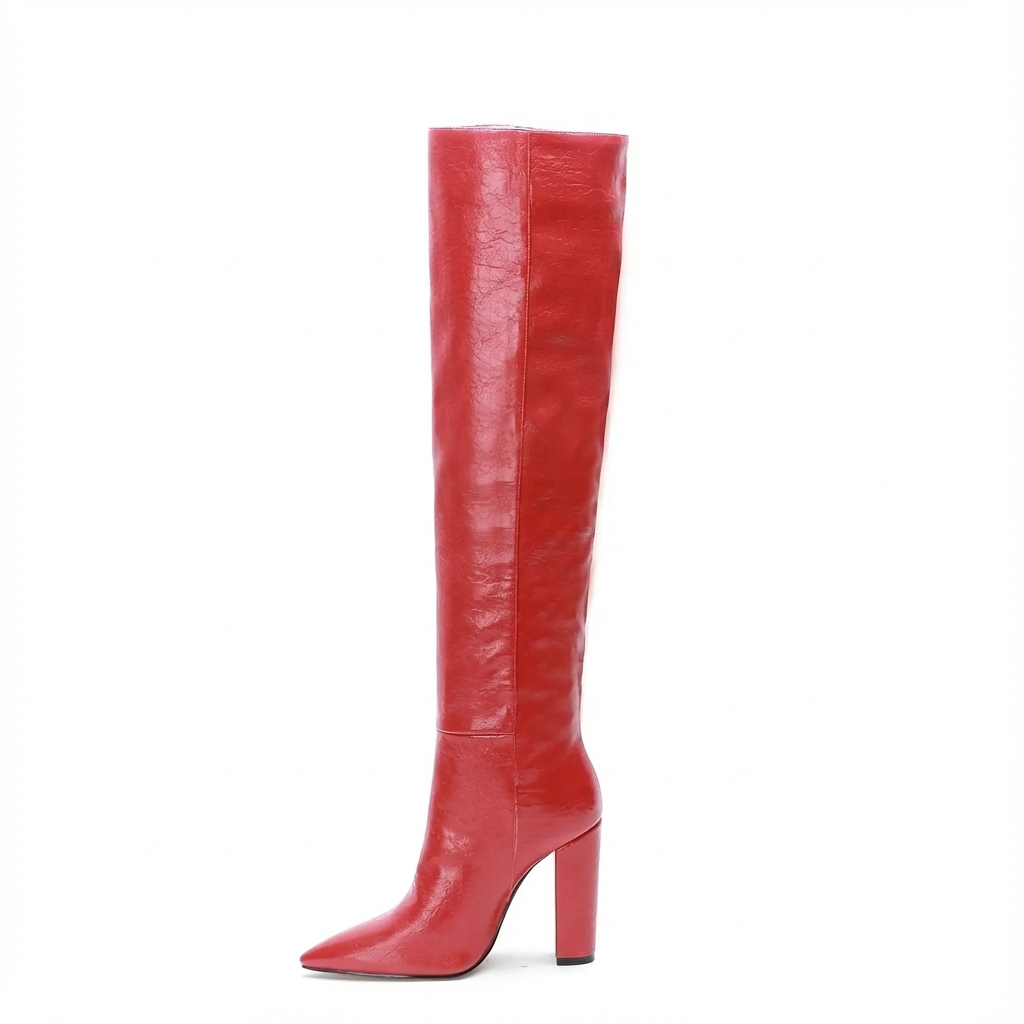 Botte haute rouge Daim Synthétique Femme - Cuissarde, talon bloc