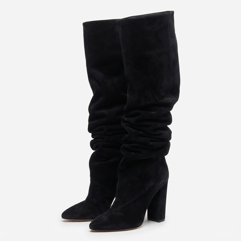 Botte haute noir Daim Synthétique Femme - Talon bloc, sans ornement