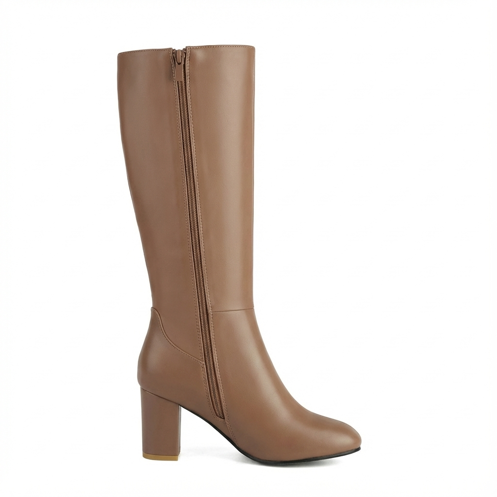 Santiag haute camel Simili Cuir Femme - Bout rond, talon bloc
