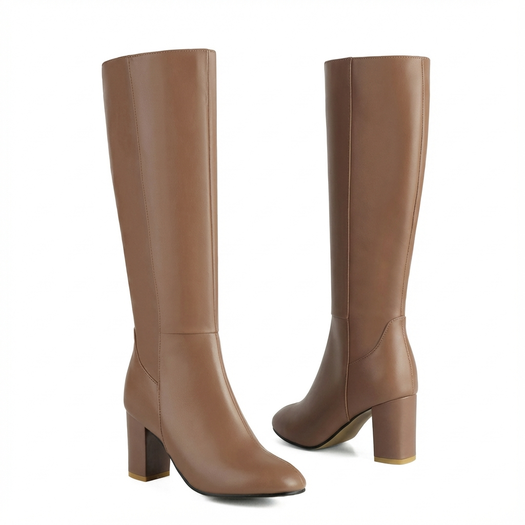 Santiag haute camel Simili Cuir Femme - Bout rond, talon bloc