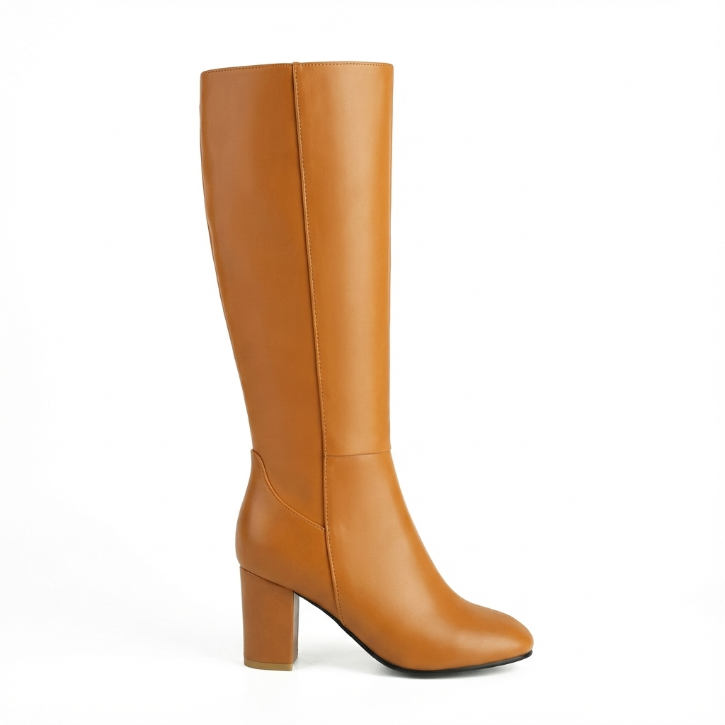Santiag haute camel Simili Cuir Femme - Talon carré épais