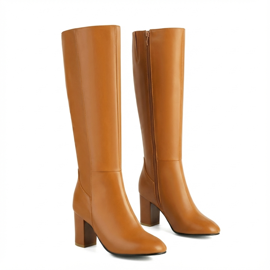 Santiag haute camel Simili Cuir Femme - Talon carré épais
