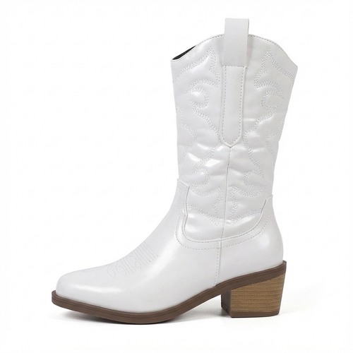 Santiag mi-haute blanc Synthétique Femme - Broderies ton sur ton, talon bois