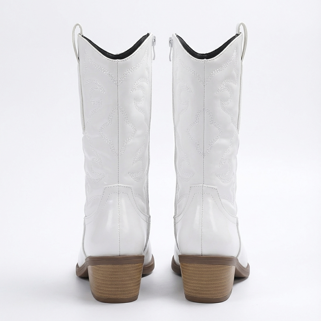 Santiag mi-haute blanc Synthétique Femme - Broderies ton sur ton, talon bois