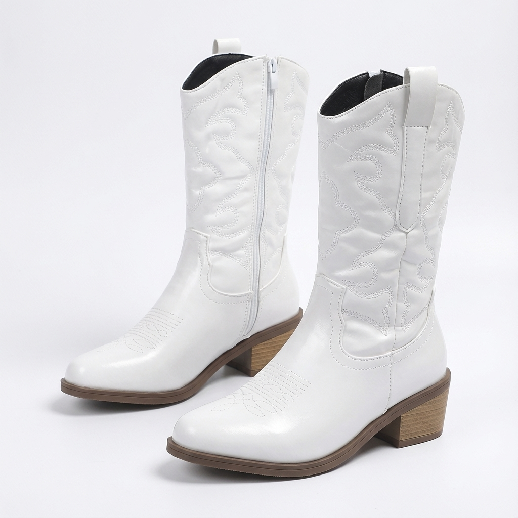 Santiag mi-haute blanc Synthétique Femme - Broderies ton sur ton, talon bois