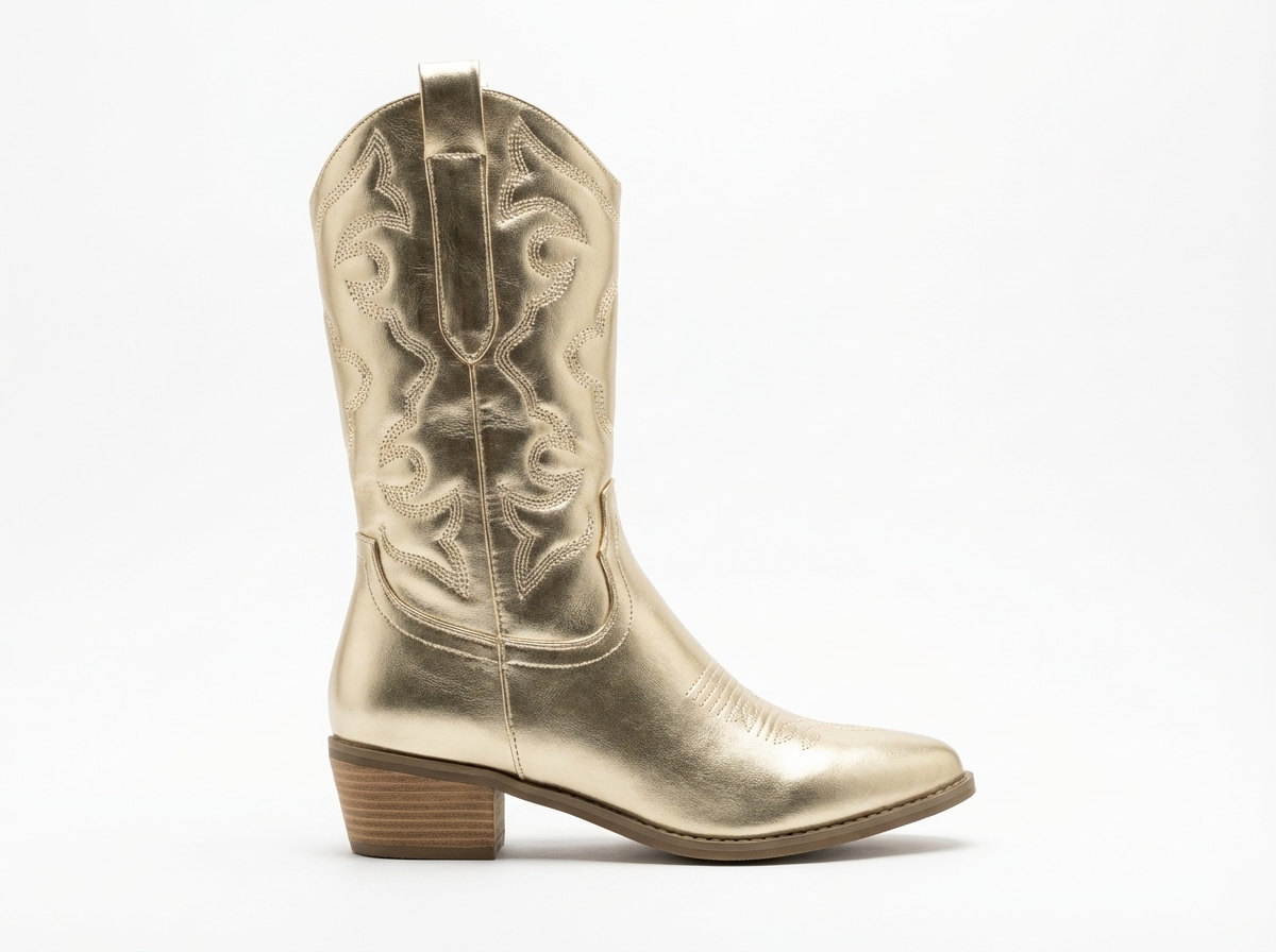Santiag mi-haute dorée Simili Cuir Femme - Broderies western