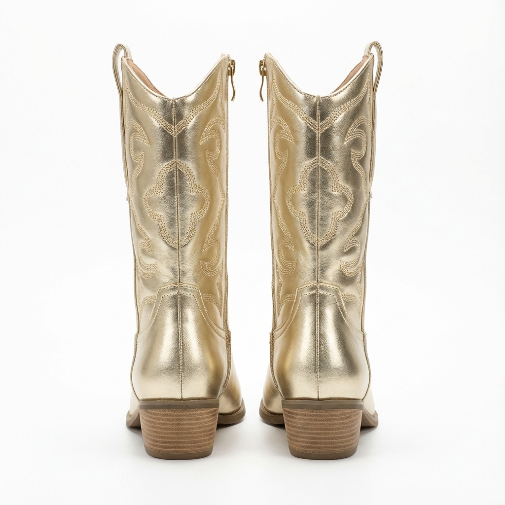 Santiag mi-haute dorée Simili Cuir Femme - Broderies western