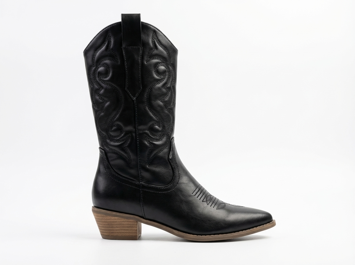 Santiag mi-haute noir Simili Cuir Femme - Coutures, style cowboy