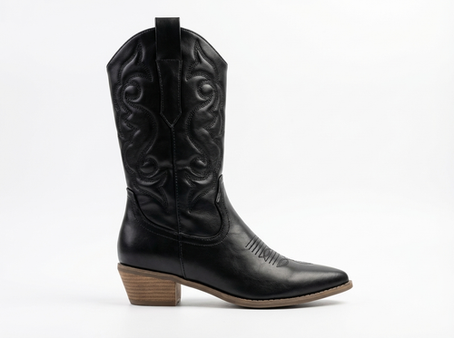 Santiag mi-haute noir Simili Cuir Femme - Coutures, style cowboy