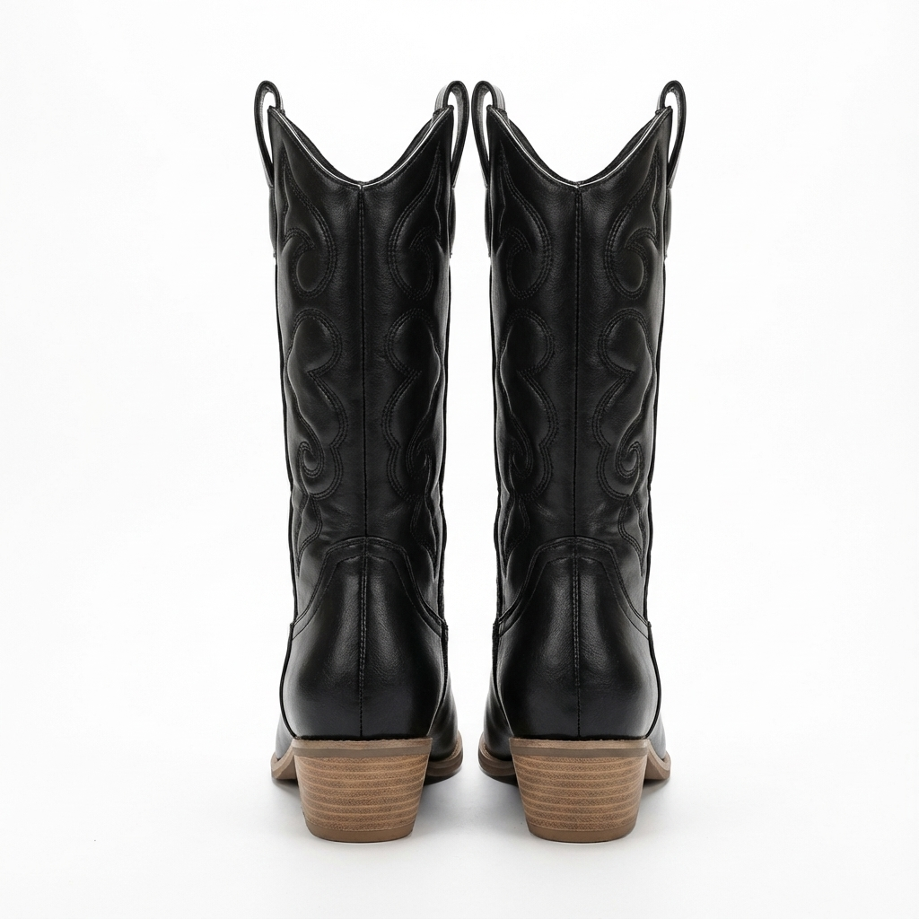 Santiag mi-haute noir Simili Cuir Femme - Coutures, style cowboy