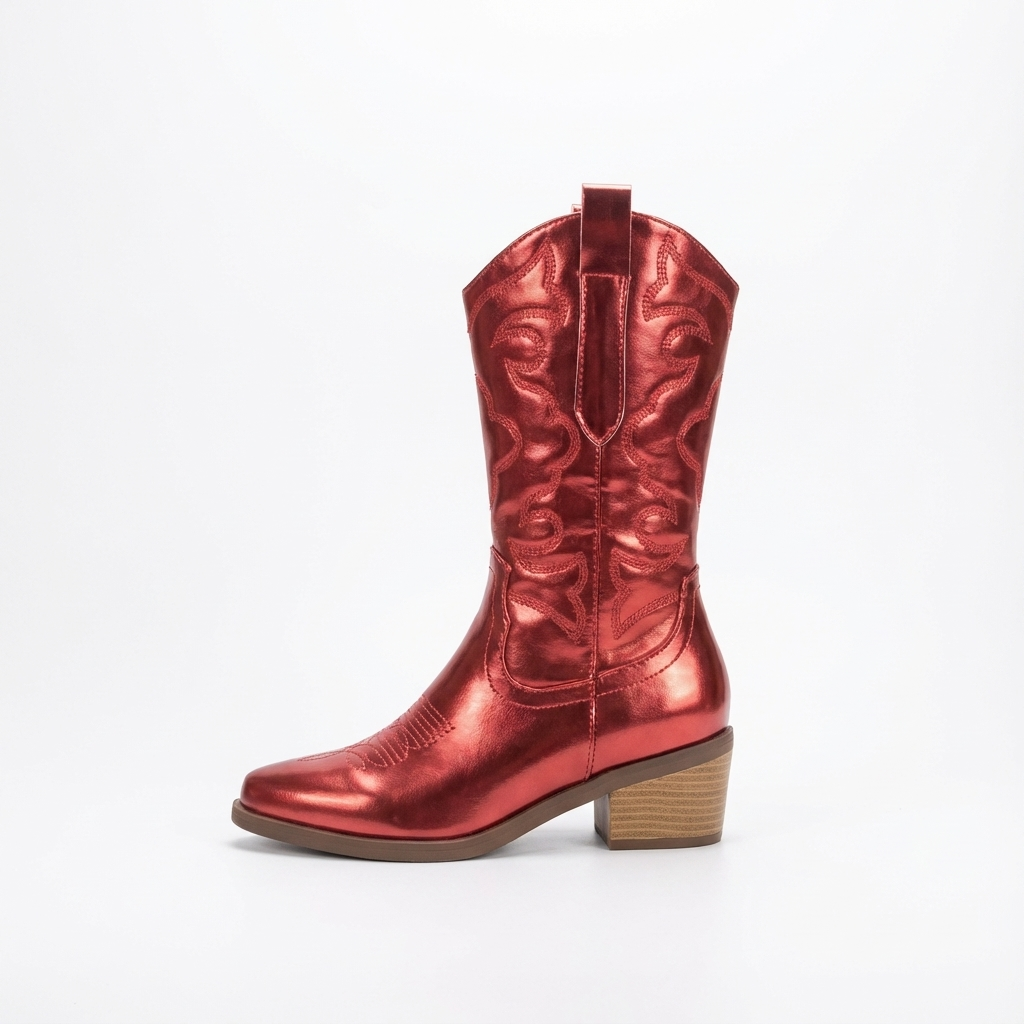 Santiag mi-haute rouge Simili Cuir Femme - Broderies western, effet métallisé