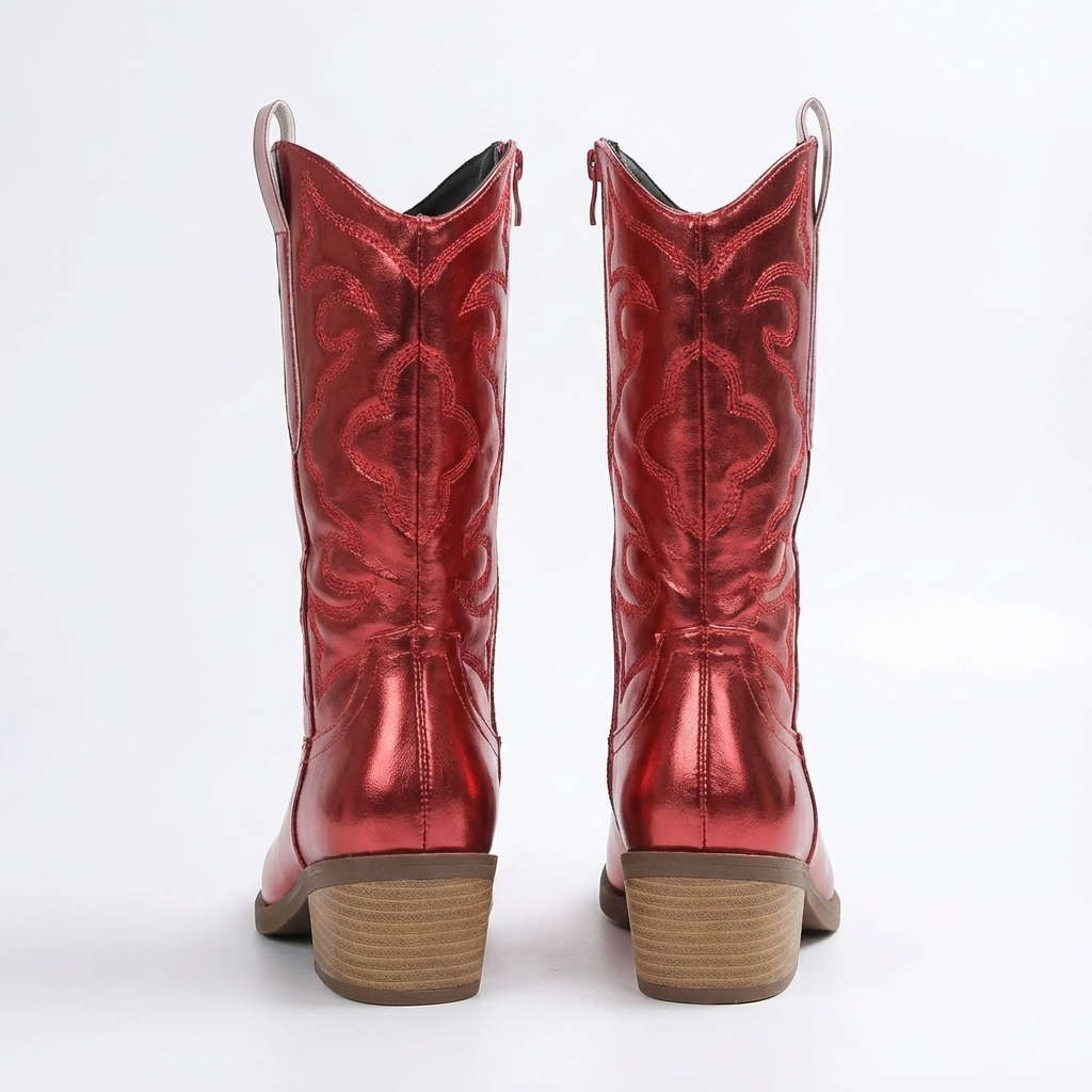 Santiag mi-haute rouge Simili Cuir Femme - Broderies western, effet métallisé