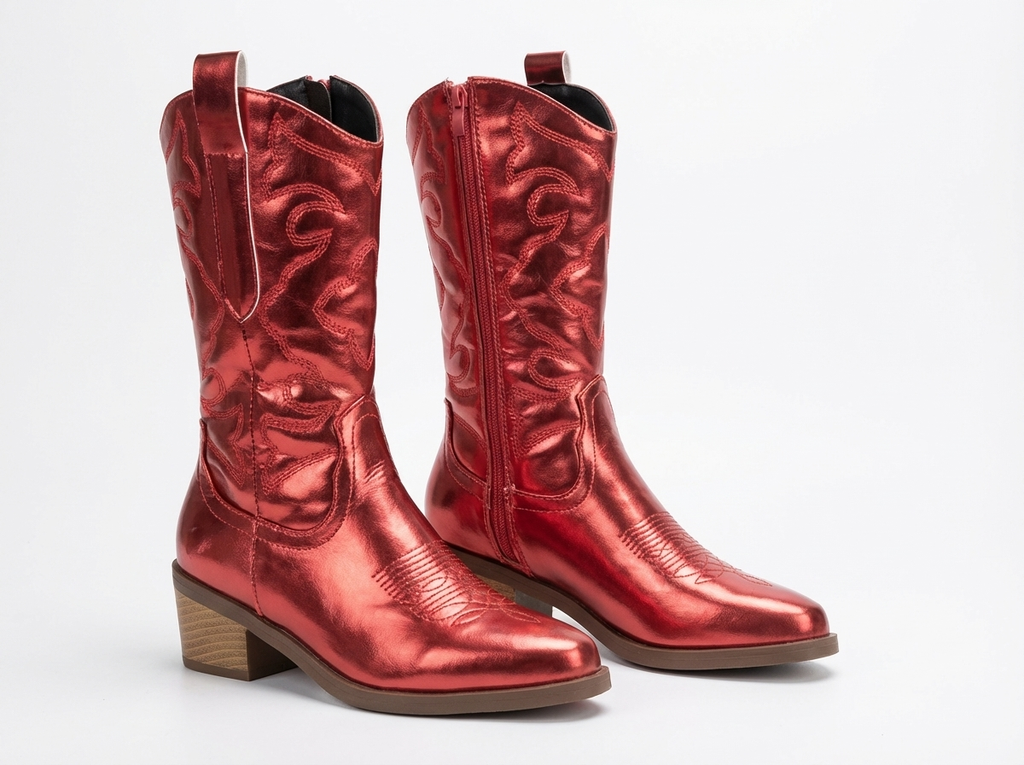 Santiag mi-haute rouge Simili Cuir Femme - Broderies western, effet métallisé