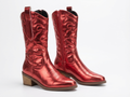 Santiag mi-haute rouge Simili Cuir Femme - Broderies western, effet métallisé