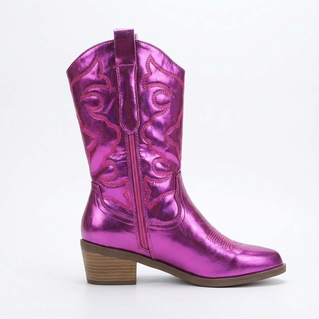 Santiag mi-haute violet Synthétique Femme - Effet métallisé, broderies western