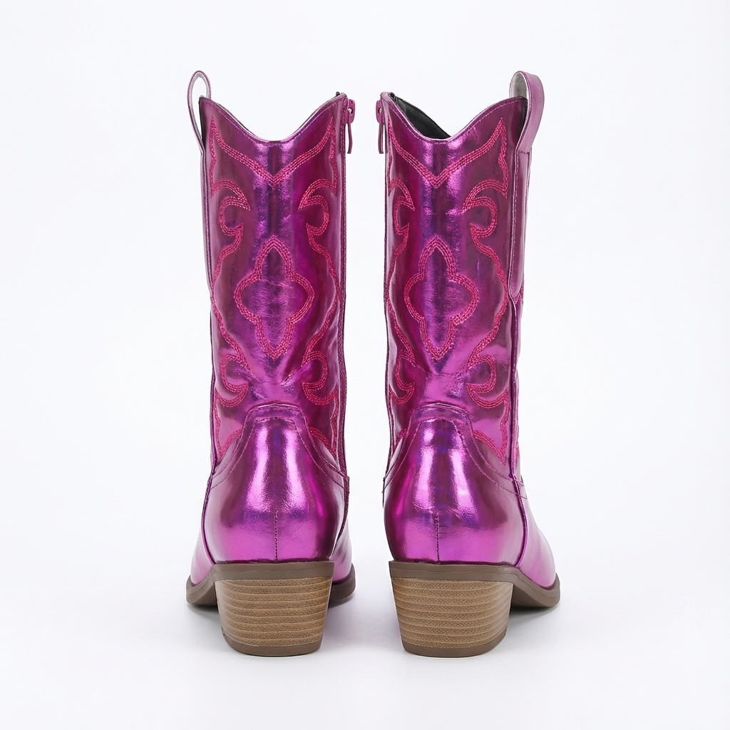 Santiag mi-haute violet Synthétique Femme - Effet métallisé, broderies western