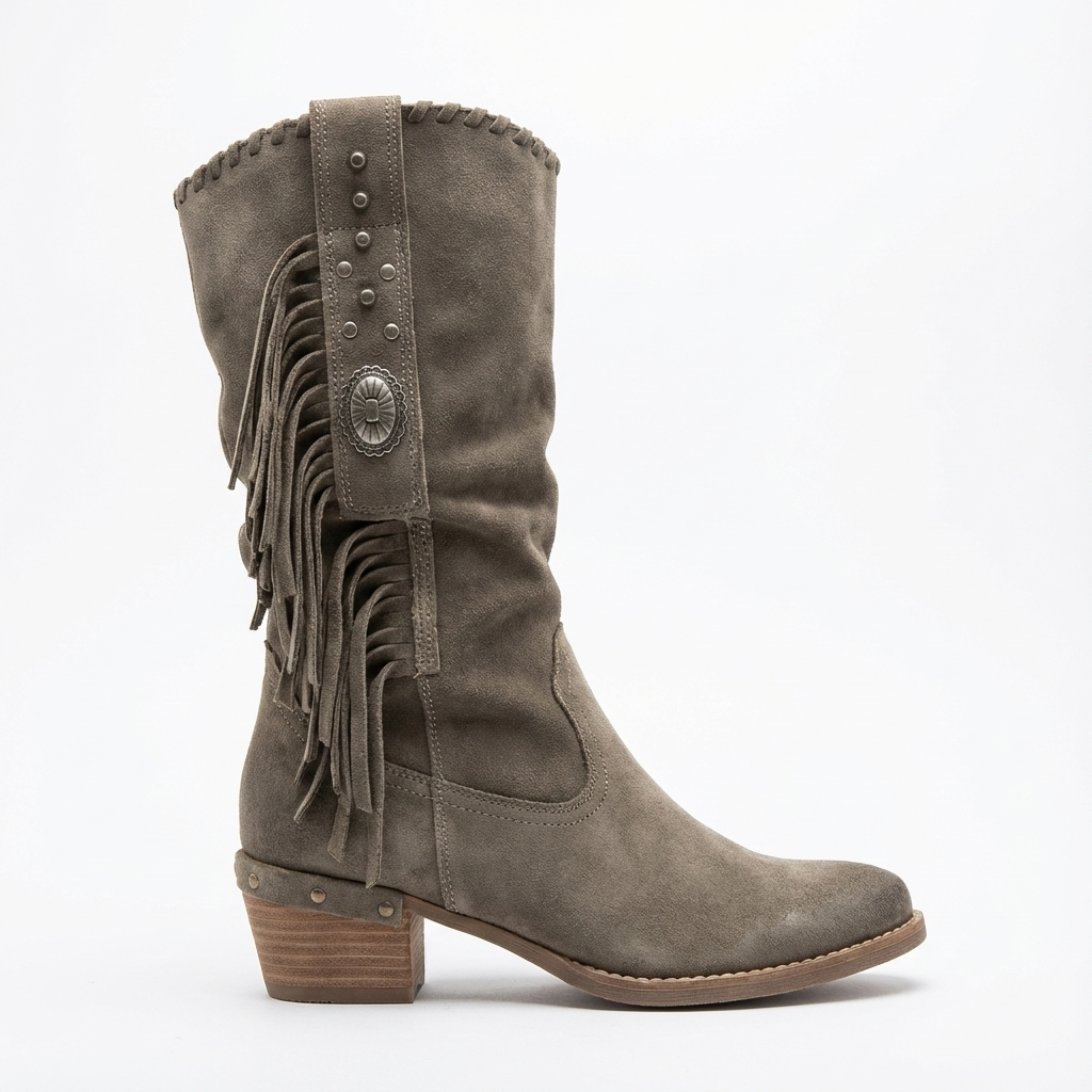 Santiag mi-haute gris Daim Synthétique Femme - Franges western, talon bas