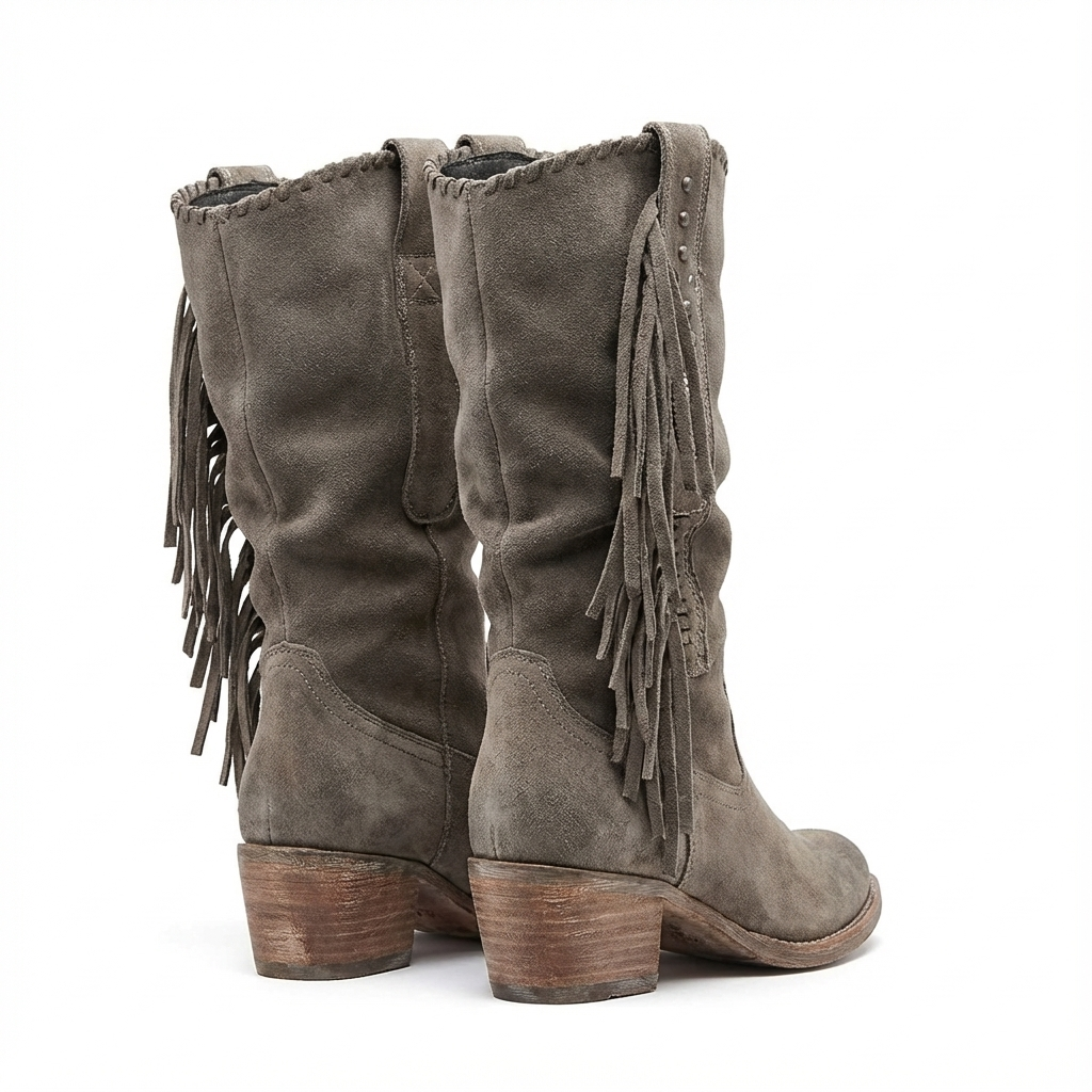 Santiag mi-haute gris Daim Synthétique Femme - Franges western, talon bas