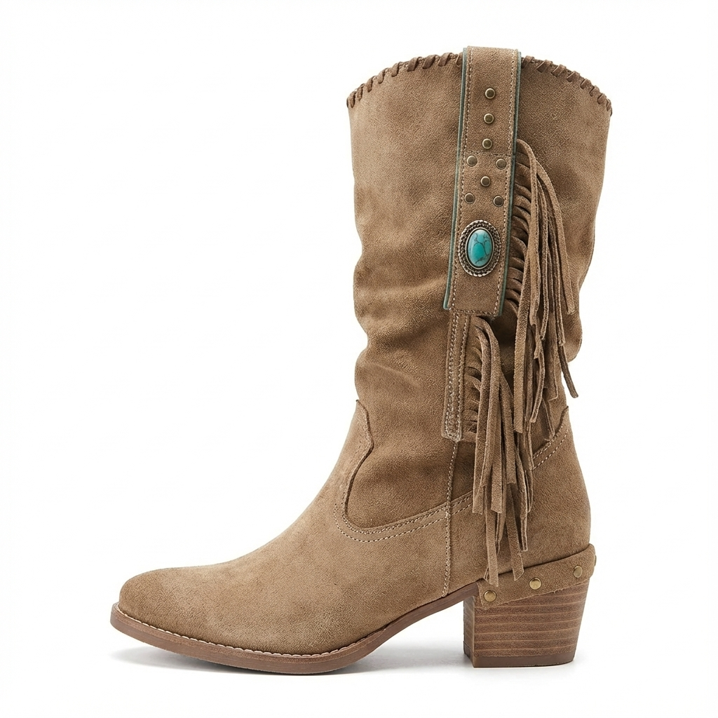Santiag mi-haute beige Daim Synthétique Femme - Franges, pierre, clous