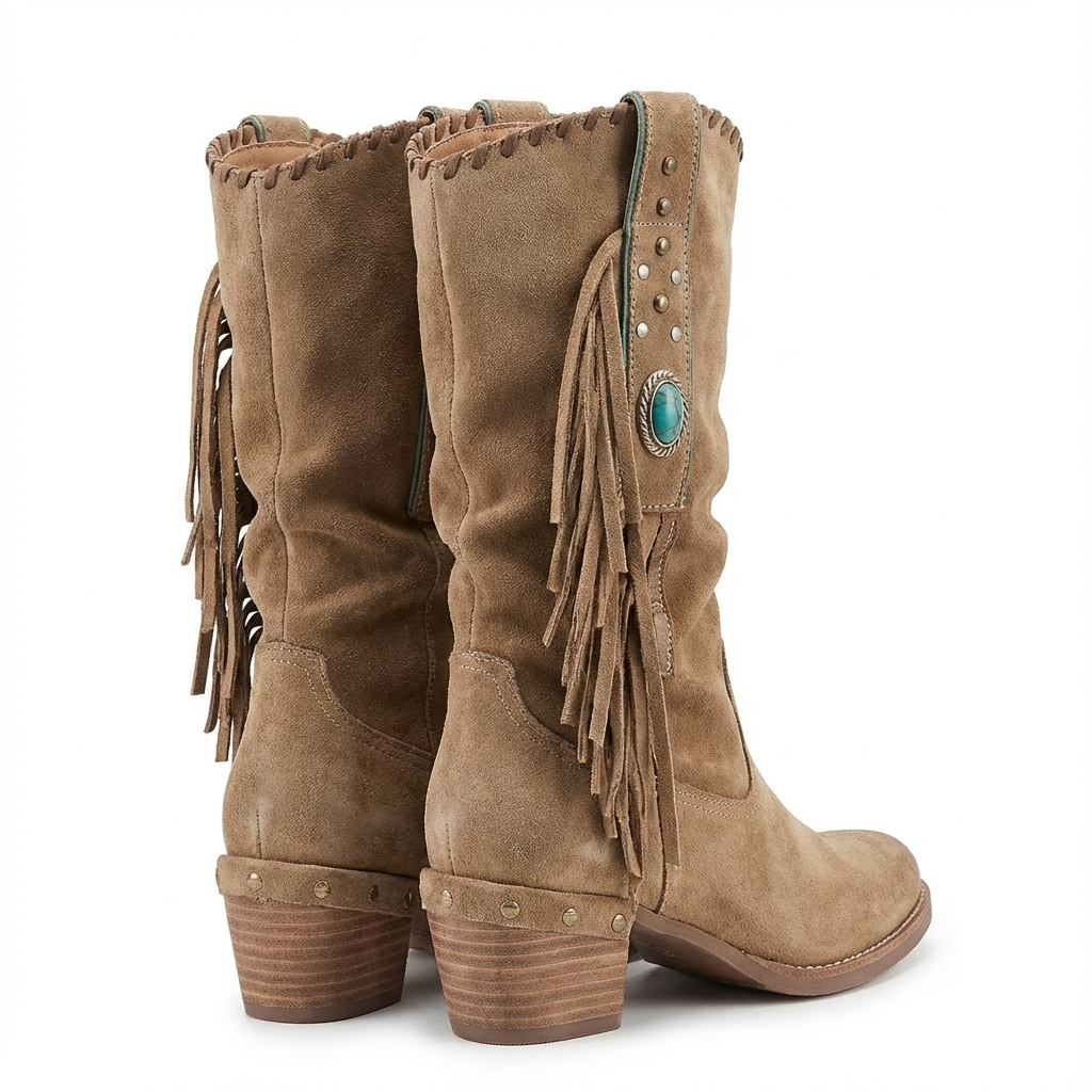 Santiag mi-haute beige Daim Synthétique Femme - Franges, pierre, clous