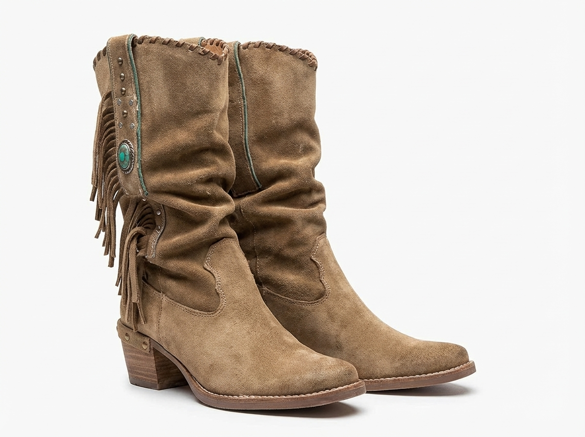 Santiag mi-haute beige Daim Synthétique Femme - Franges, pierre, clous