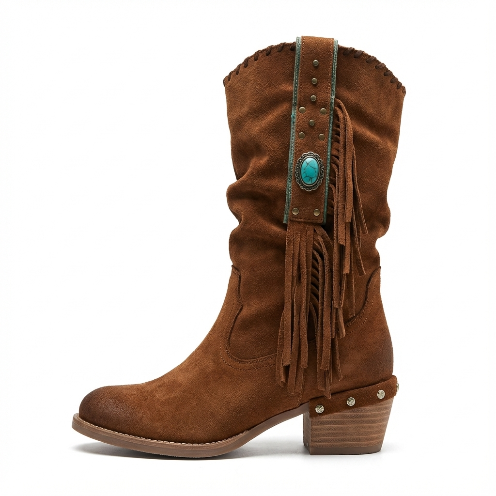 Santiag mi-haute marron Daim Synthétique Femme - Franges, rivets métalliques