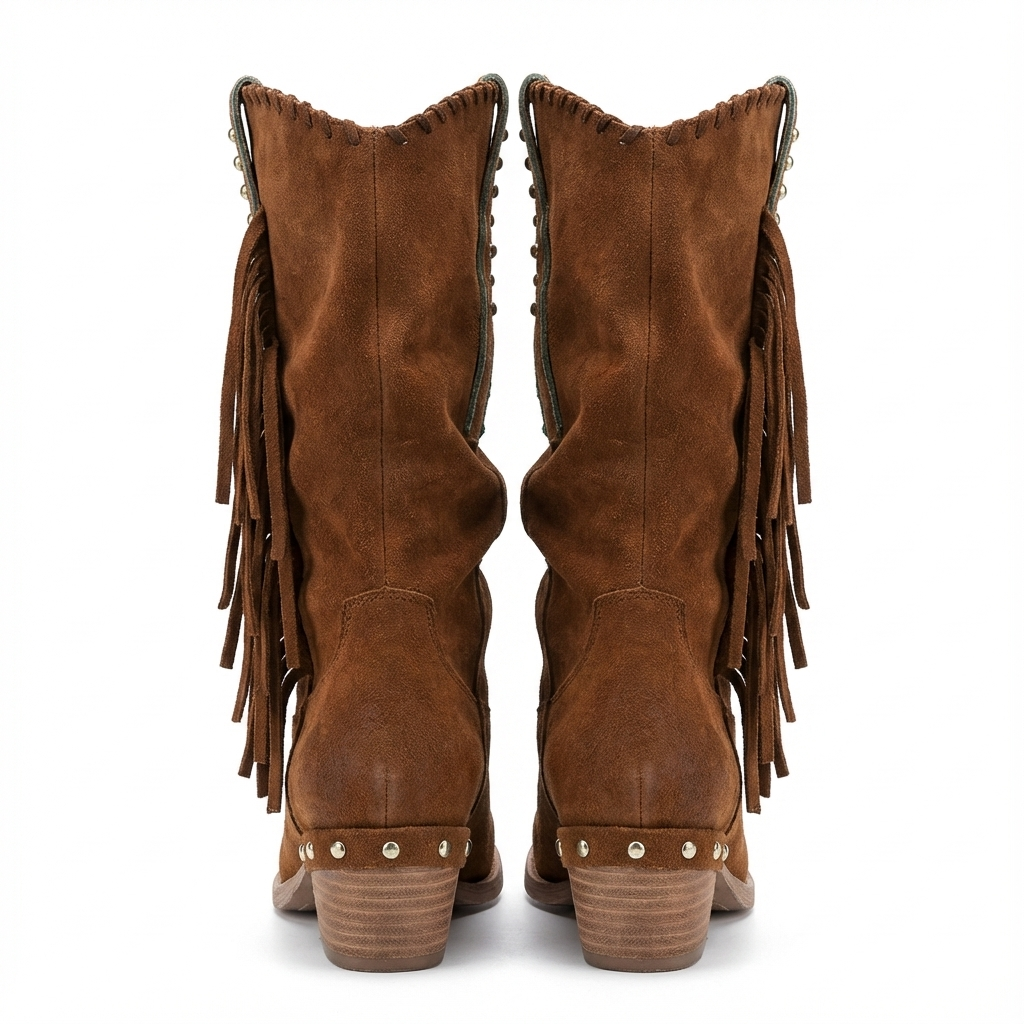 Santiag mi-haute marron Daim Synthétique Femme - Franges, rivets métalliques