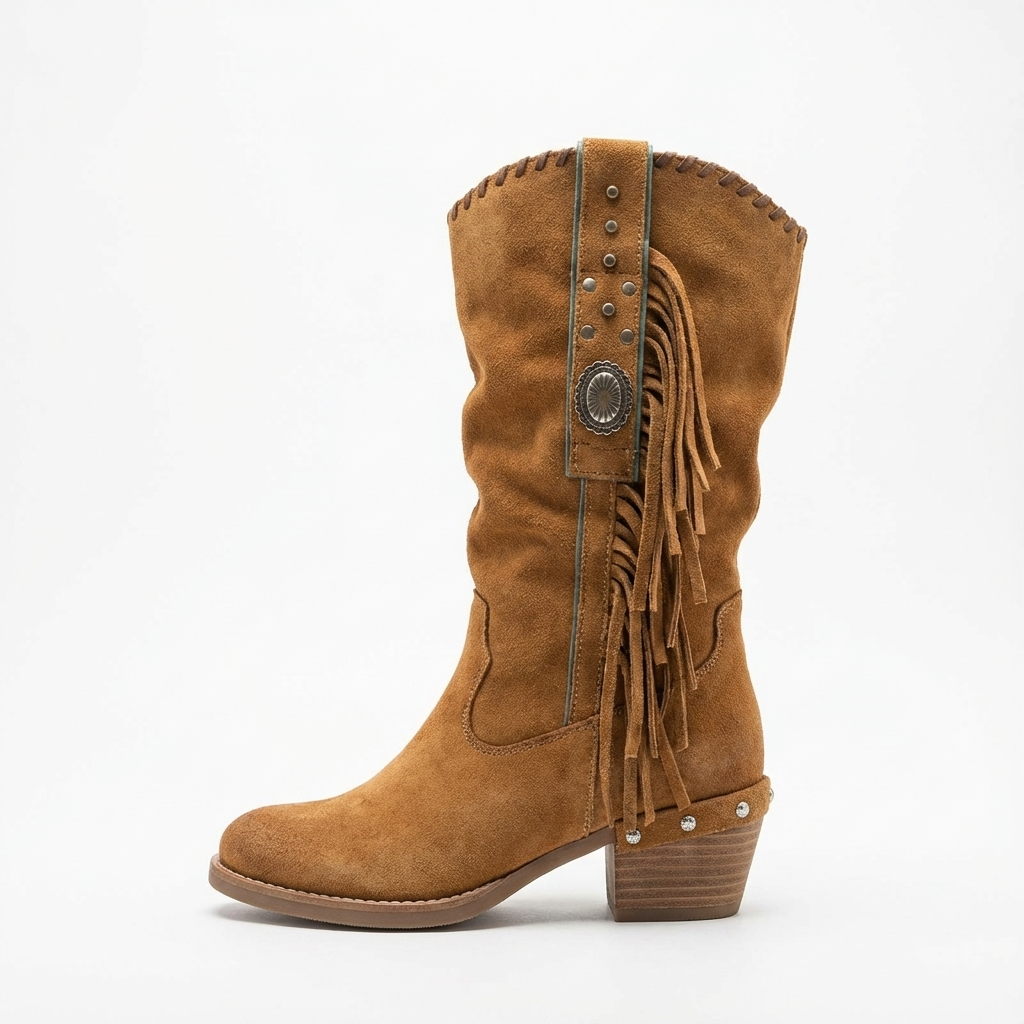 Santiag mi-haute camel Daim Synthétique Femme - Franges, clous
