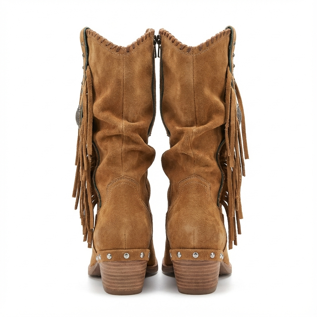 Santiag mi-haute camel Daim Synthétique Femme - Franges, clous