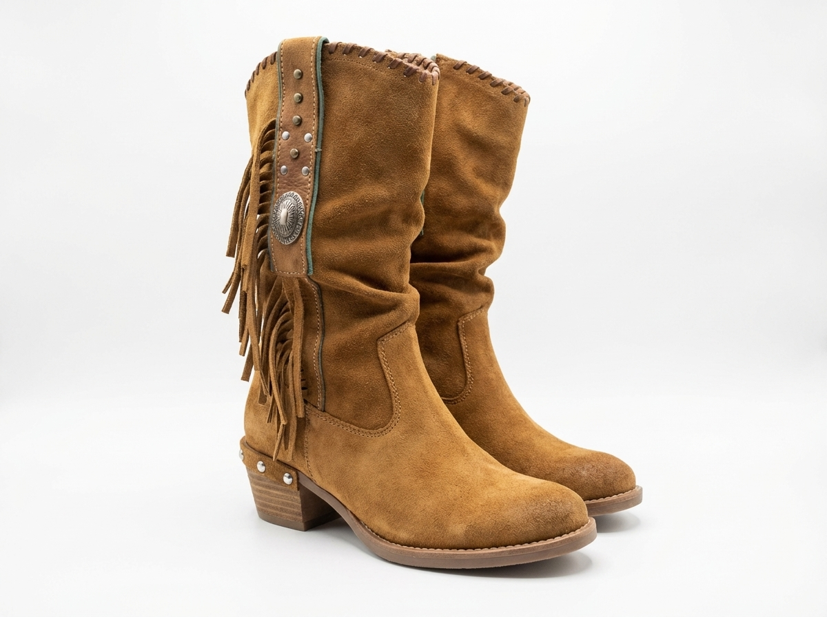 Santiag mi-haute camel Daim Synthétique Femme - Franges, clous