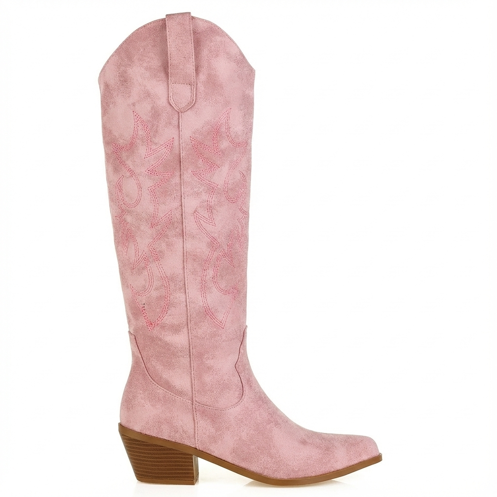 Santiag haute rose Simili Cuir Femme - Broderies florales