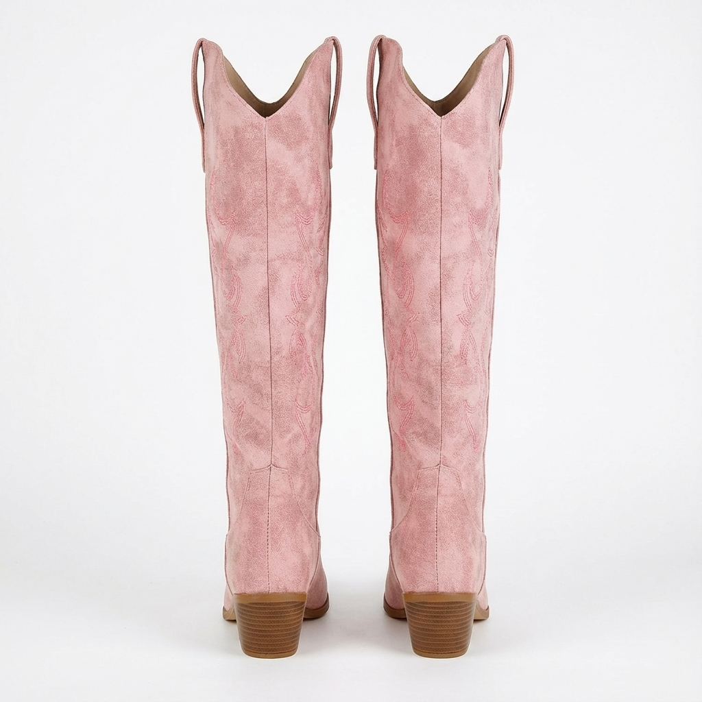 Santiag haute rose Simili Cuir Femme - Broderies florales