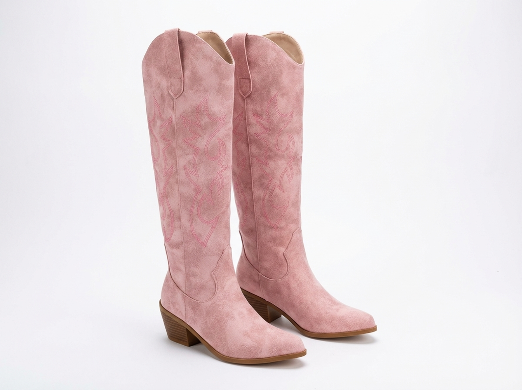 Santiag haute rose Simili Cuir Femme - Broderies florales