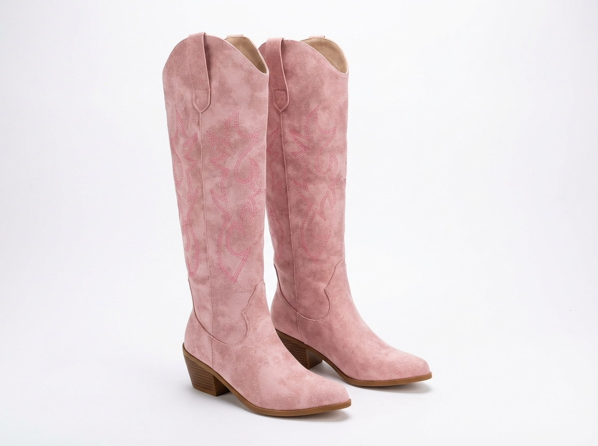 Santiag haute rose Simili Cuir Femme - Broderies florales