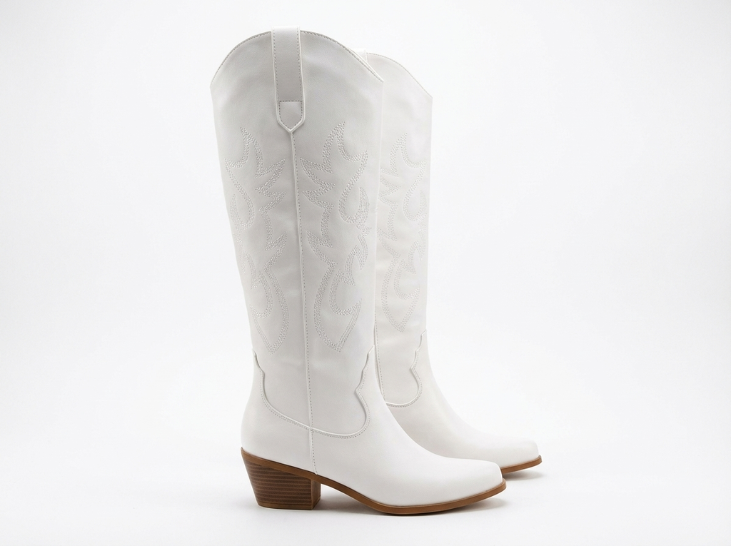 Santiag haute blanc PU Femme - Broderies florales, talon cubain