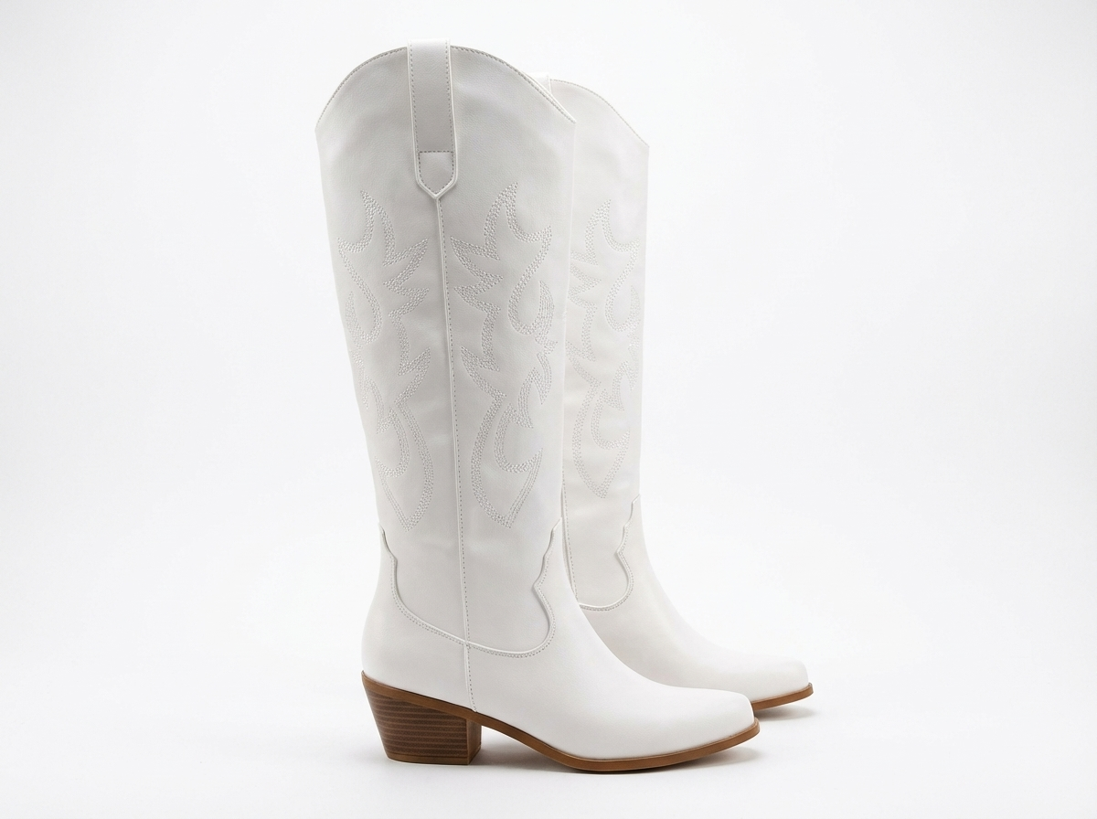 Santiag haute blanc PU Femme - Broderies florales, talon cubain