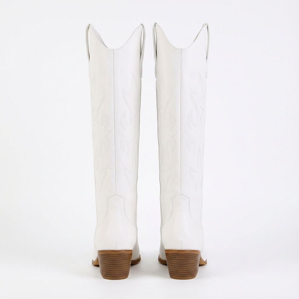 Santiag haute blanc PU Femme - Broderies florales, talon cubain