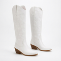 Santiag haute blanc PU Femme - Broderies florales, talon cubain