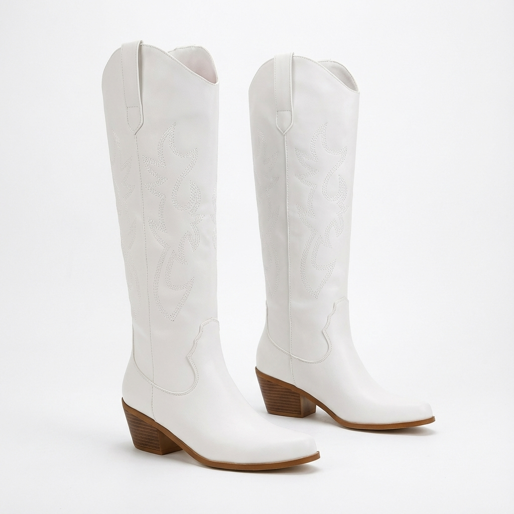 Santiag haute blanc PU Femme - Broderies florales, talon cubain