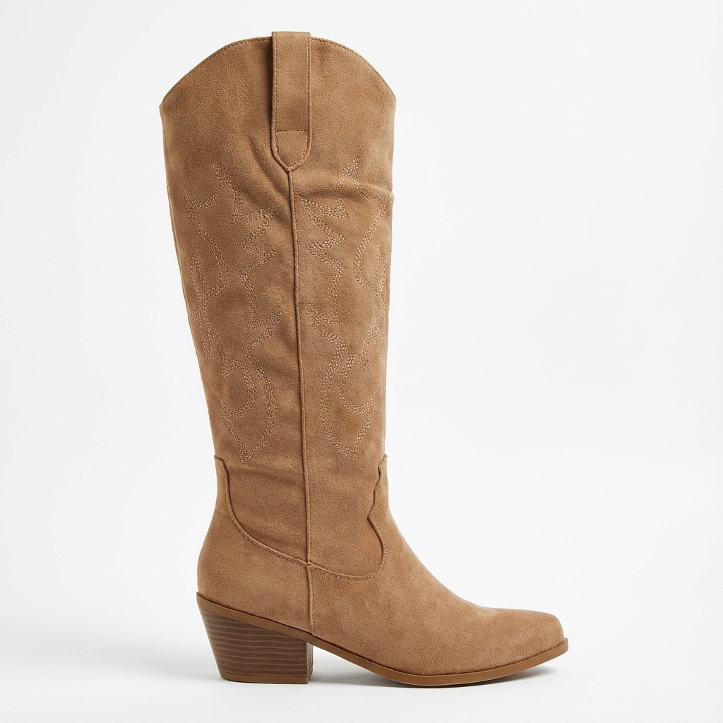 Santiag haute camel Simili Cuir Femme - Broderies florales, bout amande