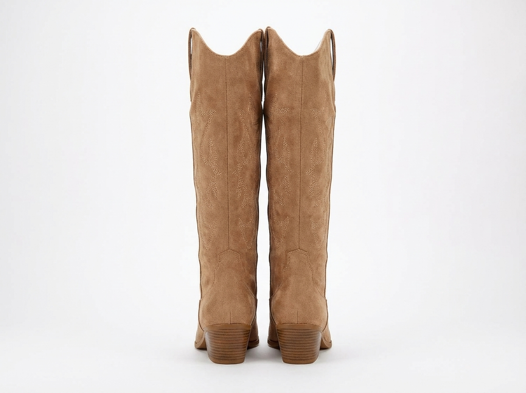 Santiag haute camel Simili Cuir Femme - Broderies florales, bout amande